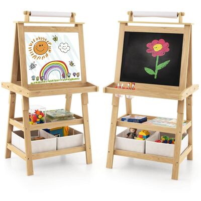 Costway - Kids Art Easel Double Sided Chalkboard Magnetic Whiteboard with Storage Tray - Natural Costway - Kids Art Easel Double Sided Chalkboard Magnetic Whiteboard with Storage Tray - Natural