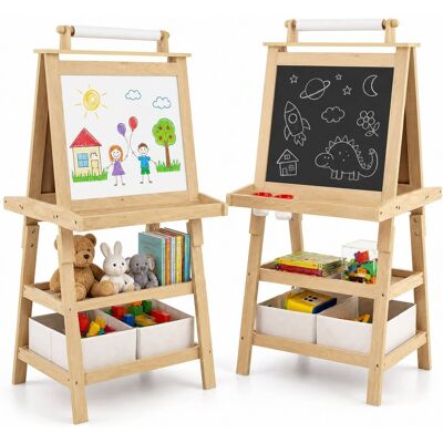 Costway - Kids Art Easel Double Sided Chalkboard Magnetic Whiteboard with Storage Tray - Natural Costway - Kids Art Easel Double Sided Chalkboard Magnetic Whiteboard with Storage Tray - Natural