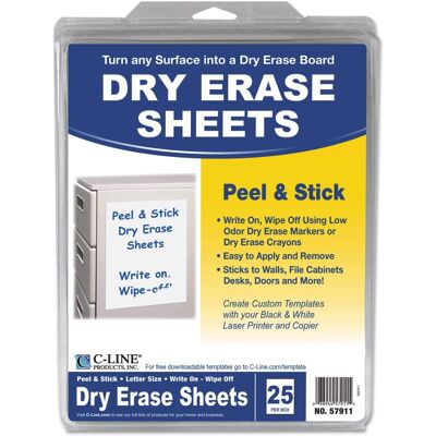 C-Line Products - Self-Stick Dry Erase Sheets, Laminated Paperboard Surface, 8.5" x 11", White, 25/Box C-Line Products - Self-Stick Dry Erase Sheets, Laminated Paperboard Surface, 8.5" x 11", White, 25/Box