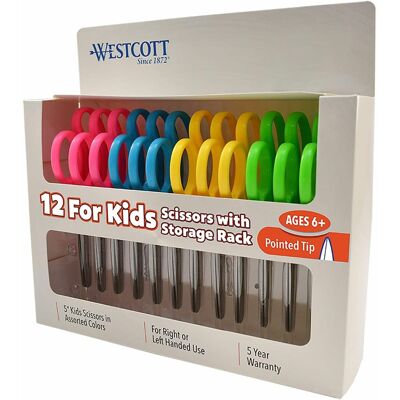 Westcott - 5" Kids Pointed Tip Scissors 1.75" Cut Straight Stainless Steel Pointed Tip 12 / Pack - Assorted Westcott - 5" Kids Pointed Tip Scissors 1.75" Cut Straight Stainless Steel Pointed Tip 12 / Pack - Assorted
