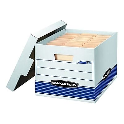 Bankers Box - Stor/File Medium-Duty FastFold File Storage Boxes, Lift-Off Lid, Letter/Legal Size/Blue, 12/Carton - White and Blue Bankers Box - Stor/File Medium-Duty FastFold File Storage Boxes, Lift-Off Lid, Letter/Legal Size/Blue, 12/Carton - White and Blue
