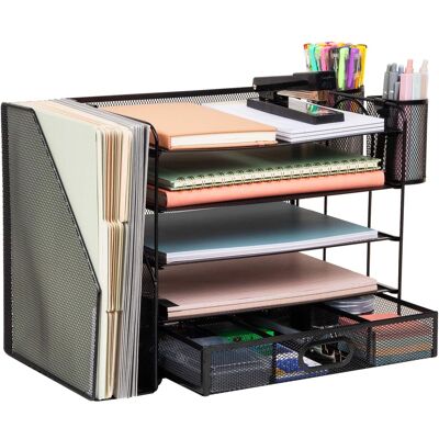 Mind Reader - Mesh Desk Organizer, 4 Trays, 1 Drawer, File Holder, 2 Pen Cups, Office Desktop Organizer, Metal Mesh - Black Mind Reader - Mesh Desk Organizer, 4 Trays, 1 Drawer, File Holder, 2 Pen Cups, Office Desktop Organizer, Metal Mesh - Black