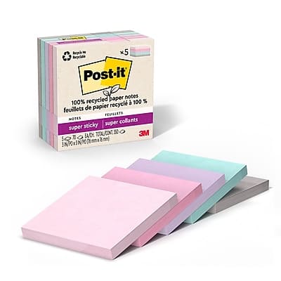 Post-it - Recycled Super Sticky Notes, 3" x 3", Wanderlust Pastels Collection, 70 Sheets/Pad, 5 Pads/Pack - Assorted Post-it - Recycled Super Sticky Notes, 3" x 3", Wanderlust Pastels Collection, 70 Sheets/Pad, 5 Pads/Pack - Assorted