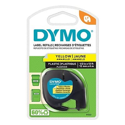 Dymo - LetraTag 91332 Plastic Label Maker Tape, 1/2" x 13', (91332) - Black On Yellow Dymo - LetraTag 91332 Plastic Label Maker Tape, 1/2" x 13', (91332) - Black On Yellow