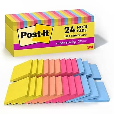 Post-it - Super Sticky Notes, 3" x 3", Summer Joy Collection, 70 Sheets/Pad, 24 Pads/Pack - Assorted Post-it - Super Sticky Notes, 3" x 3", Summer Joy Collection, 70 Sheets/Pad, 24 Pads/Pack - Assorted
