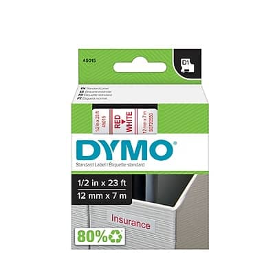 Dymo - D1 Standard 45015 Label Maker Tape, 1/2" x 23' - Red on White Dymo - D1 Standard 45015 Label Maker Tape, 1/2" x 23' - Red on White