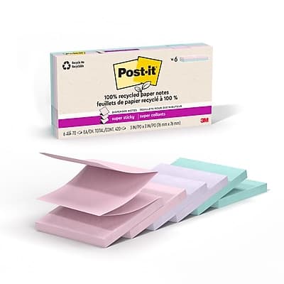 Post-it - Wanderlust Pastels Recycled Pop-up Super Sticky Notes, 3" x 3", 70 Sheets/Pad, 6 Pads/Pack - Assorted Post-it - Wanderlust Pastels Recycled Pop-up Super Sticky Notes, 3" x 3", 70 Sheets/Pad, 6 Pads/Pack - Assorted