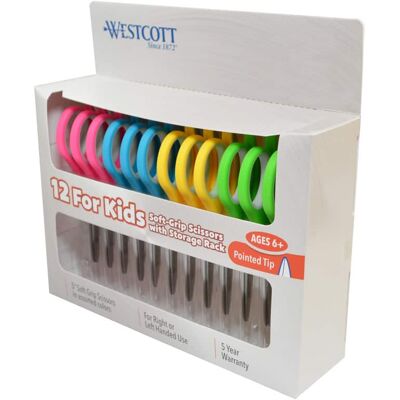 Westcott - Soft Handle 5" Kids Scissors Classpack with Storage Rack, Pointed, Pack of 12 Westcott - Soft Handle 5" Kids Scissors Classpack with Storage Rack, Pointed, Pack of 12