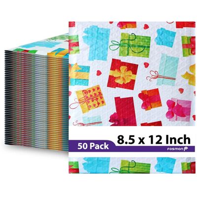 Fosmon - 8.5 x 12 - 50 Pack #2 Gift Wrap Birthday Holiday Poly Bubble Mailer, Padded Shipping Envelopes, 8.5 x 11" Usable Size - Multi Fosmon - 8.5 x 12 - 50 Pack #2 Gift Wrap Birthday Holiday Poly Bubble Mailer, Padded Shipping Envelopes, 8.5 x 11" Usable Size - Multi