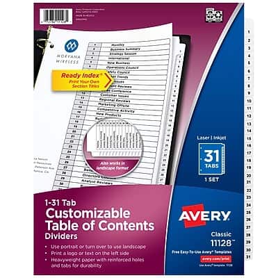 Avery - Ready Index Table of Contents Pre-Printed Numeric Paper Divider, 31 Tabs, 1 Set - White Avery - Ready Index Table of Contents Pre-Printed Numeric Paper Divider, 31 Tabs, 1 Set - White