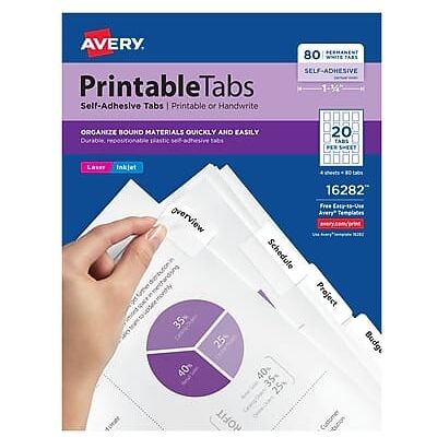 Avery - Printerable Tabs Self-Adhesive Index Tab, 20 Tabs/ Sheet, 80/Pack - White Avery - Printerable Tabs Self-Adhesive Index Tab, 20 Tabs/ Sheet, 80/Pack - White