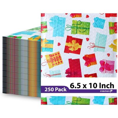 Fosmon - 6.5 x 10 - 250 Pack #0 Gift Wrap Birthday Holiday Poly Bubble Mailer, Padded Shipping Envelopes, 6.5 x 9" Usable Size - Multi Fosmon - 6.5 x 10 - 250 Pack #0 Gift Wrap Birthday Holiday Poly Bubble Mailer, Padded Shipping Envelopes, 6.5 x 9" Usable Size - Multi