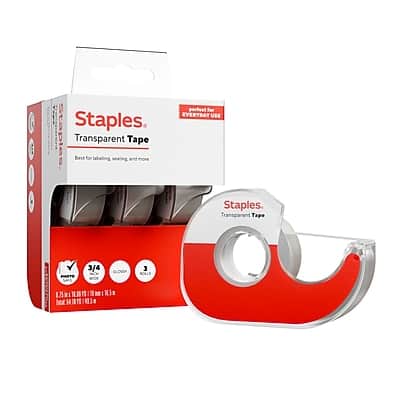 Staples - Tape with Dispenser, 3/4" x 18.06 yds., 3 Rolls/Pack - Transparent Staples - Tape with Dispenser, 3/4" x 18.06 yds., 3 Rolls/Pack - Transparent