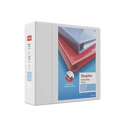 Staples - Heavy Duty 4" 3-Ring View Binder, D-Ring - White Staples - Heavy Duty 4" 3-Ring View Binder, D-Ring - White