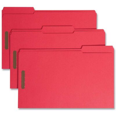 Smead Manufacturing - Top Tab Colored Fastener Folders, 0.75" Expansion, 2 Fasteners, Legal Size, Red Exterior, 50/Box Smead Manufacturing - Top Tab Colored Fastener Folders, 0.75" Expansion, 2 Fasteners, Legal Size, Red Exterior, 50/Box