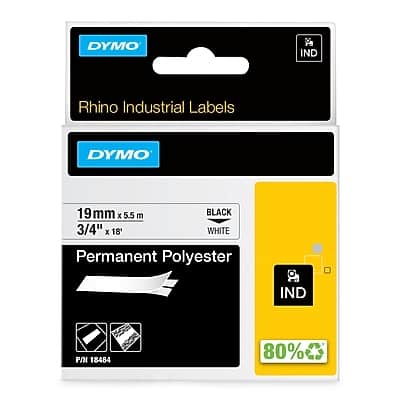 Dymo - Rhino Industrial 18484 Permanent Polyester Label Maker Tape, 3/4" x 18', (18484) - Black On White Dymo - Rhino Industrial 18484 Permanent Polyester Label Maker Tape, 3/4" x 18', (18484) - Black On White