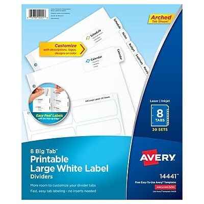Avery - Big Tab Printable Paper Dividers with Large Labels, 8 Tabs, 20 Sets/Pack - White Avery - Big Tab Printable Paper Dividers with Large Labels, 8 Tabs, 20 Sets/Pack - White