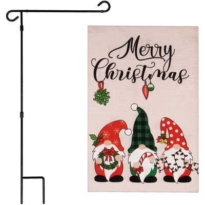 G128 - Combo Pack: Garden Flag Stand 36" x 16" & 12" x 18" Double-Sided Burlap Merry Christmas Flag - Three Festive Gnomes - Assorted Colors G128 - Combo Pack: Garden Flag Stand 36" x 16" & 12" x 18" Double-Sided Burlap Merry Christmas Flag - Three Festive Gnomes - Assorted Colors