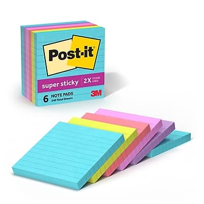 Post-it - Super Sticky Notes, 4" x 4", Supernova Neons Collection, Lined, 90 Sheet/Pad, 6 Pads/Pack - Multicolor Post-it - Super Sticky Notes, 4" x 4", Supernova Neons Collection, Lined, 90 Sheet/Pad, 6 Pads/Pack - Multicolor