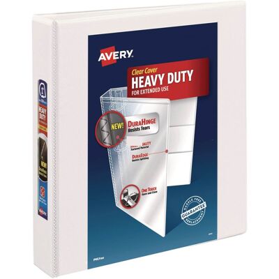 Avery - Heavy Duty View Binder With Durahinge And One Touch Ezd Rings 3 Rings 1.5" Capacity 11 X 8.5 White Avery - Heavy Duty View Binder With Durahinge And One Touch Ezd Rings 3 Rings 1.5" Capacity 11 X 8.5 White