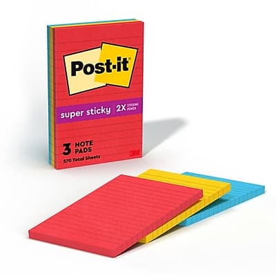 Post-it - Super Sticky Notes, 4" x 6", Playful Primaries Collection, Lined, 90 Sheet/Pad, 3 Pads/Pack - Candy Apple Red, Sunnyside, Blue Paradise Post-it - Super Sticky Notes, 4" x 6", Playful Primaries Collection, Lined, 90 Sheet/Pad, 3 Pads/Pack - Candy Apple Red, Sunnyside, Blue Paradise