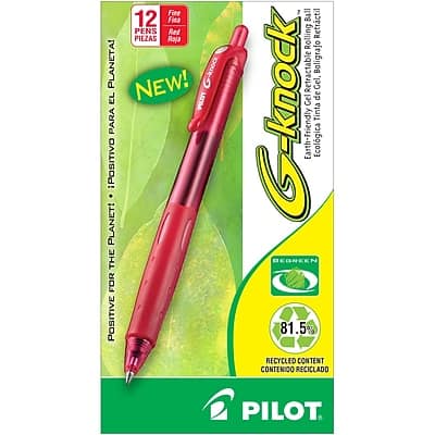 Pilot - G-Knock BeGreen Retractable Gel Pens, Fine Point, Dozen - Red Ink Pilot - G-Knock BeGreen Retractable Gel Pens, Fine Point, Dozen - Red Ink