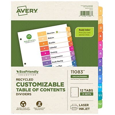 Avery - Ready Index Table of Contents EcoFriendly Paper Dividers, 1-12 Tabs, 3 Sets/Pack - Multicolor Avery - Ready Index Table of Contents EcoFriendly Paper Dividers, 1-12 Tabs, 3 Sets/Pack - Multicolor