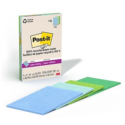 Post-it - Recycled Super Sticky Notes, 4" x 6", Oasis Collection, 45 Sheets/Pad, 4 Pads/Pack - Assorted Post-it - Recycled Super Sticky Notes, 4" x 6", Oasis Collection, 45 Sheets/Pad, 4 Pads/Pack - Assorted
