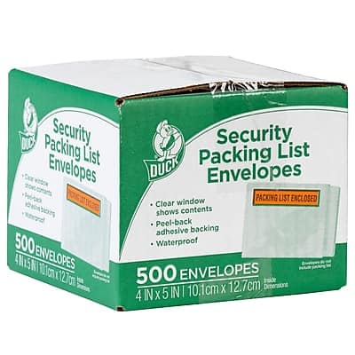 Duck - 4.5 in. x 5.5 in. Security "Packing List Enclosed" Envelopes, Clear Window, 500/Box - Orange/Black Duck - 4.5 in. x 5.5 in. Security "Packing List Enclosed" Envelopes, Clear Window, 500/Box - Orange/Black