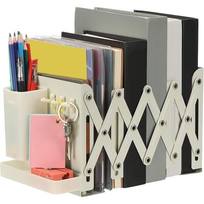 Unique Bargains - Adjustable Book Ends, 6.5" Tall Heavy Duty Metal Adjustable Bookends, with Removable Pen Holder Tray and 3 Hook-up - White Unique Bargains - Adjustable Book Ends, 6.5" Tall Heavy Duty Metal Adjustable Bookends, with Removable Pen Holder Tray and 3 Hook-up - White