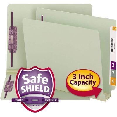 Smead Manufacturing - End Tab Pressboard Folders, Coated Fasteners, 3" Expansion, Letter Size, Gray-Green, 25/Box Smead Manufacturing - End Tab Pressboard Folders, Coated Fasteners, 3" Expansion, Letter Size, Gray-Green, 25/Box