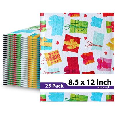 Fosmon - 8.5 x 12 - 25 Pack #2 Gift Wrap Birthday Holiday Poly Bubble Mailer, Padded Shipping Envelopes, 8.5 x 11" Usable Size - Multi Fosmon - 8.5 x 12 - 25 Pack #2 Gift Wrap Birthday Holiday Poly Bubble Mailer, Padded Shipping Envelopes, 8.5 x 11" Usable Size - Multi