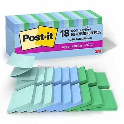 Post-it - Recycled Super Sticky Pop-up Notes, 3" x 3", Oasis Collection, 70 Sheet/Pad, 18 Pads/Pack - Assorted Post-it - Recycled Super Sticky Pop-up Notes, 3" x 3", Oasis Collection, 70 Sheet/Pad, 18 Pads/Pack - Assorted