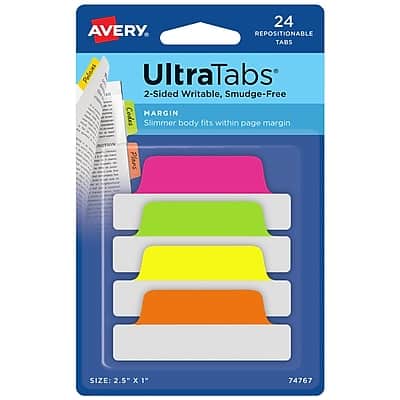 Avery - UltraTabs Repositionable Margin Tabs, 2.5" Wide, Assorted Colors, 24/Pack - Green/Orange/Pink/Yellow Avery - UltraTabs Repositionable Margin Tabs, 2.5" Wide, Assorted Colors, 24/Pack - Green/Orange/Pink/Yellow
