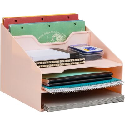 Mind Reader - 3-Tier Desktop Organizer with 5 Compartments, Plastic File Holder for Office, Kitchen, or Home - Pink Mind Reader - 3-Tier Desktop Organizer with 5 Compartments, Plastic File Holder for Office, Kitchen, or Home - Pink