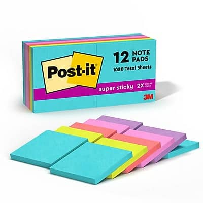 Post-it - Super Sticky Notes, 3" x 3", Supernova Neons Collection, 90 Sheet/Pad, 12 Pads/Pack - Multicolor Post-it - Super Sticky Notes, 3" x 3", Supernova Neons Collection, 90 Sheet/Pad, 12 Pads/Pack - Multicolor