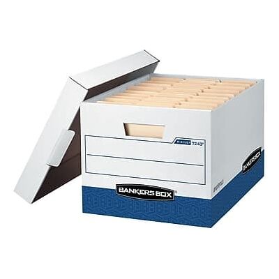 Bankers Box - R-Kive Heavy-Duty FastFold File Storage Boxes, Lift-Off Lid, Letter/Legal Size/Blue, 12/Carton - White and Blue Bankers Box - R-Kive Heavy-Duty FastFold File Storage Boxes, Lift-Off Lid, Letter/Legal Size/Blue, 12/Carton - White and Blue