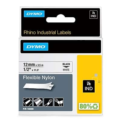 Dymo - Rhino Industrial 18488 Flexible Nylon Label Maker Tape, 1/2" x 11-1/2', (18488) - Black On White Dymo - Rhino Industrial 18488 Flexible Nylon Label Maker Tape, 1/2" x 11-1/2', (18488) - Black On White