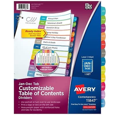 Avery - Ready Index Table of Contents Paper Dividers, 1-12 Tabs, Contemporary - Multicolor Avery - Ready Index Table of Contents Paper Dividers, 1-12 Tabs, Contemporary - Multicolor