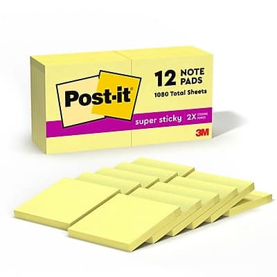 Post-it - Super Sticky Notes, 3" x 3", Canary Collection, 90 Sheet/Pad, 12 Pads/Pack - Canary Yellow Post-it - Super Sticky Notes, 3" x 3", Canary Collection, 90 Sheet/Pad, 12 Pads/Pack - Canary Yellow