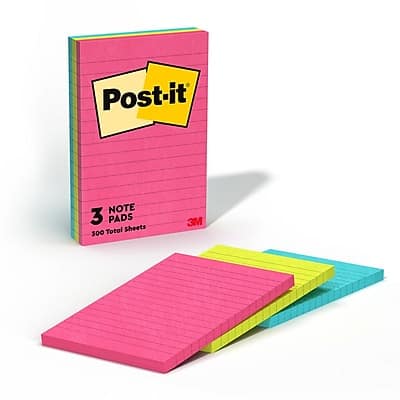 Post-it - Notes, 4" x 6", Poptimistic Collection, Lined, 100 Sheet/Pad, 3 Pads/Pack - Canary Yellow/Blue/Orange/Pink Post-it - Notes, 4" x 6", Poptimistic Collection, Lined, 100 Sheet/Pad, 3 Pads/Pack - Canary Yellow/Blue/Orange/Pink