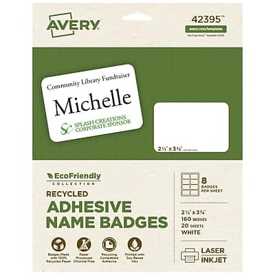Avery - EcoFriendly Sticker Name Tags/Labels, 2 1/3" x 3 3/8", 20 Sheets/Pack, 160 Labels/Pack - White Avery - EcoFriendly Sticker Name Tags/Labels, 2 1/3" x 3 3/8", 20 Sheets/Pack, 160 Labels/Pack - White