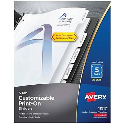 Avery - Print-On Paper Dividers, 5 Tabs, 25 Sets/Pack - White Avery - Print-On Paper Dividers, 5 Tabs, 25 Sets/Pack - White
