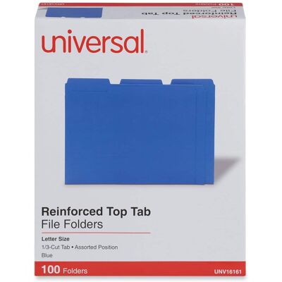 Universal - Reinforced Top-Tab File Folders, 1/3-Cut Tabs: Assorted, Letter Size, 1" Expansion, Blue, 100/Box Universal - Reinforced Top-Tab File Folders, 1/3-Cut Tabs: Assorted, Letter Size, 1" Expansion, Blue, 100/Box