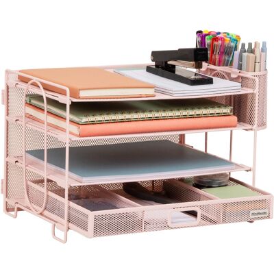 Mind Reader - Mesh Desk Organizer, 3 Trays, 1 Drawer, 2 Pen Holders, Office Desktop Organizer, Metal Mesh - Pink Mind Reader - Mesh Desk Organizer, 3 Trays, 1 Drawer, 2 Pen Holders, Office Desktop Organizer, Metal Mesh - Pink