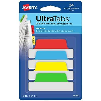 Avery - UltraTabs Repositionable Margin Tabs, 2.5" Wide, Assorted Colors, 24/Pack - Blue, Green, Red, Yellow Avery - UltraTabs Repositionable Margin Tabs, 2.5" Wide, Assorted Colors, 24/Pack - Blue, Green, Red, Yellow