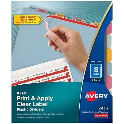 Avery - Index Maker Plastic Dividers with Print & Apply Label Sheets, 8 Tabs, Multicolor, 5 Sets/Pack - Translucent Multicolor Avery - Index Maker Plastic Dividers with Print & Apply Label Sheets, 8 Tabs, Multicolor, 5 Sets/Pack - Translucent Multicolor
