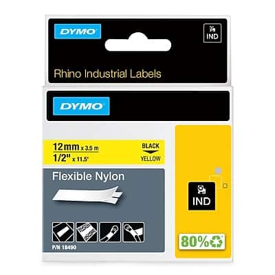 Dymo - Rhino Industrial 18490 Flexible Nylon Label Maker Tape, 1/2" x 11-1/2', (18490) - Black on Yellow Dymo - Rhino Industrial 18490 Flexible Nylon Label Maker Tape, 1/2" x 11-1/2', (18490) - Black on Yellow