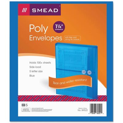 Smead Manufacturing - Poly String and Button Interoffice Envelopes, Open-Side (Horizontal), 9.75 x 11.63, Transparent Blue, 5/Pack Smead Manufacturing - Poly String and Button Interoffice Envelopes, Open-Side (Horizontal), 9.75 x 11.63, Transparent Blue, 5/Pack