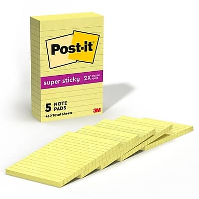 Post-it - Super Sticky Notes, 4" x 6", Canary Collection, Lined, 90 Sheet/Pad, 5 Pads/Pack - Canary Yellow Post-it - Super Sticky Notes, 4" x 6", Canary Collection, Lined, 90 Sheet/Pad, 5 Pads/Pack - Canary Yellow